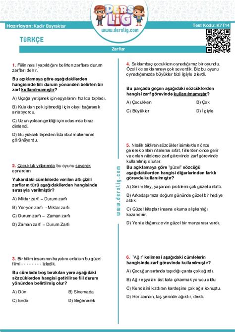 7 sınıf türkçe zarf soruları ve cevapları